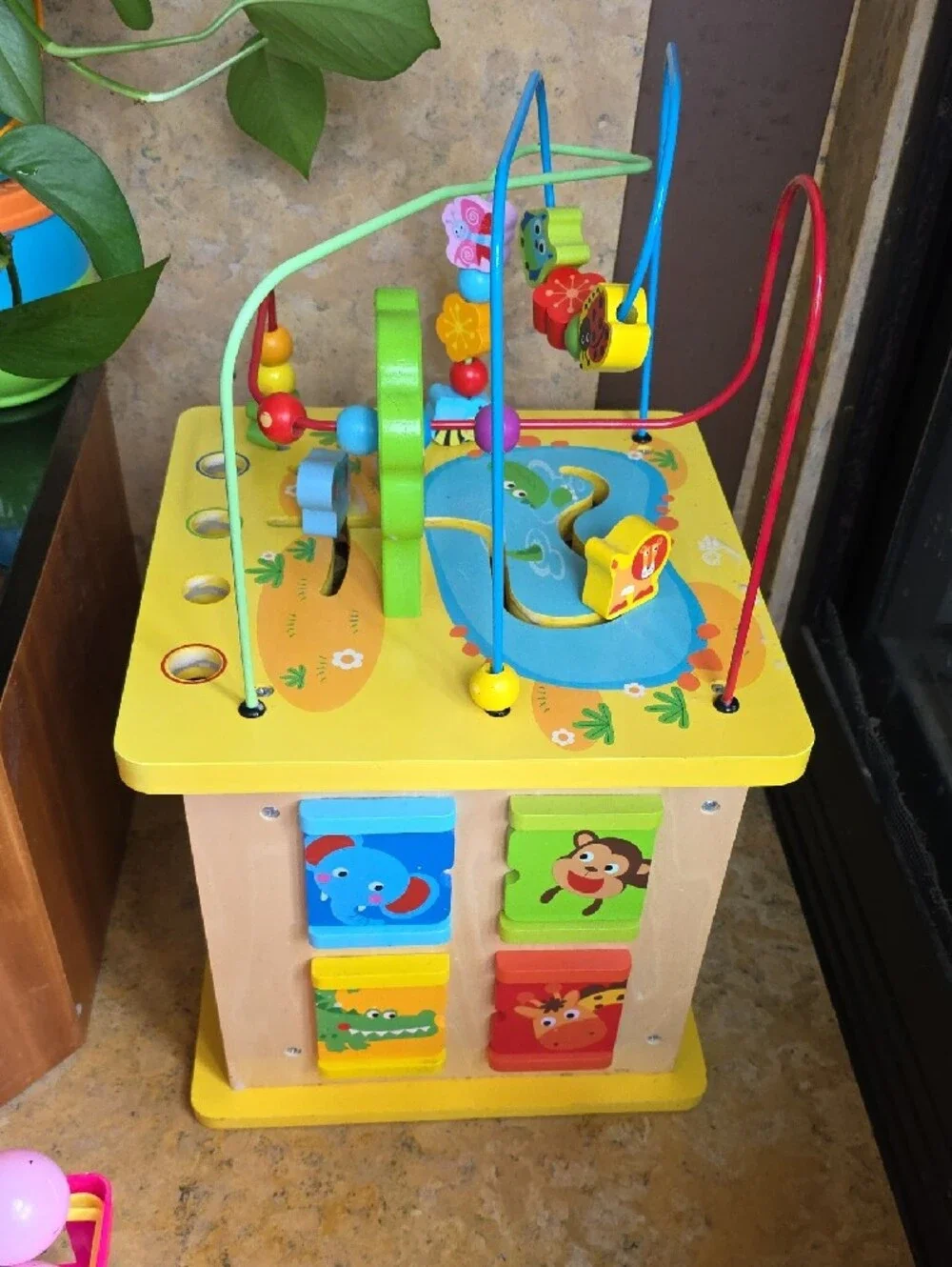 Multicolor Wooden Learning Activity Cube with Bead Maze - Yellow Top